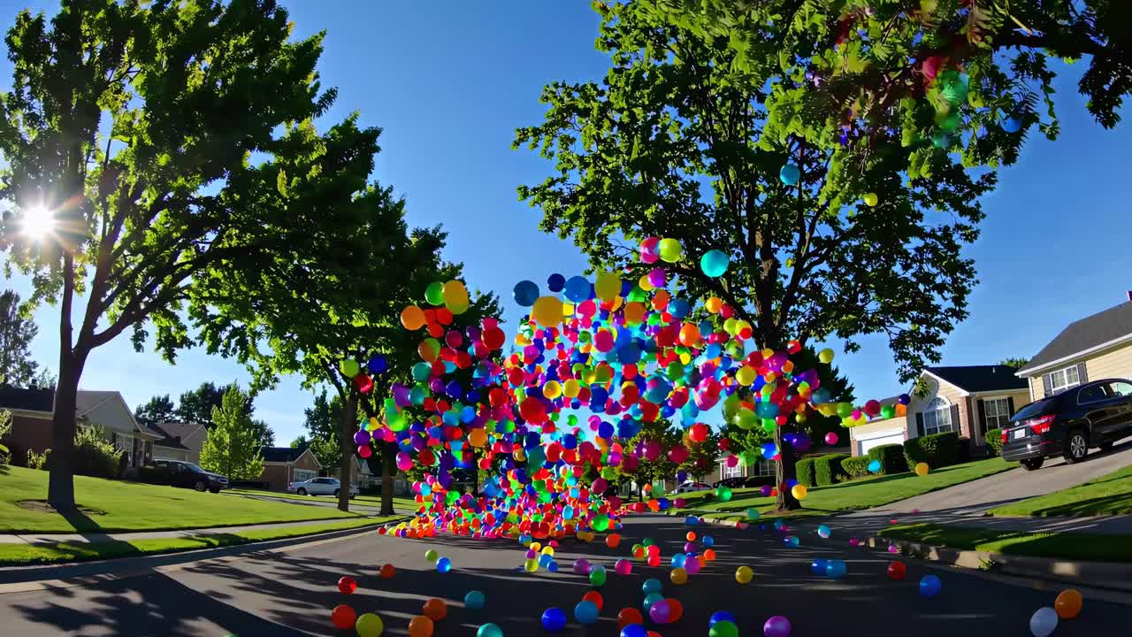 Vibrant video scene of colorful balloons filling a suburban street, captured from a low-angle