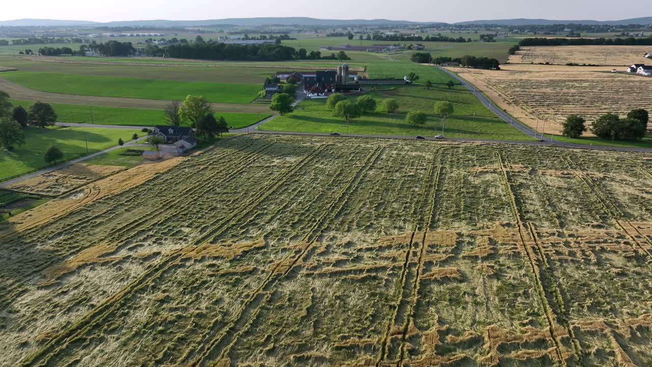 Fresh cut farm field in American countryside. Aerial flyover shot. Sunny day in summer. Wide shot. Farmstead in America. Cropland farmland harvesting