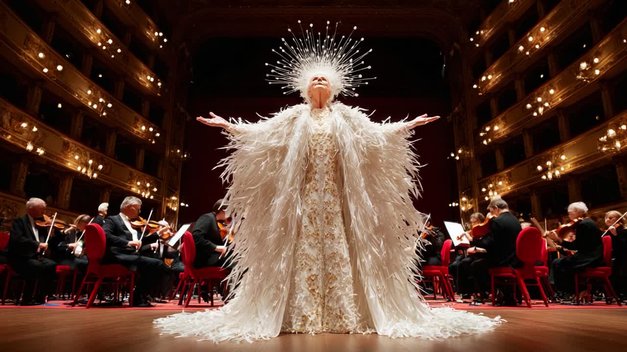 A stunning performance featuring a graceful figure adorned in an elaborate feathered costume, captivating the audience and orchestra in a luxurious concert hall setting