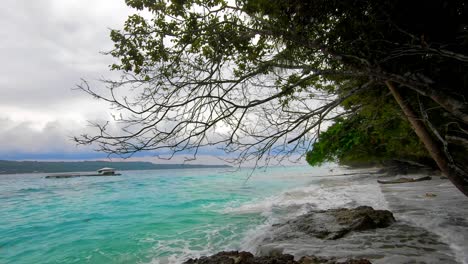 Enormes-Olas-Salpican-En-La-Costa-Rocosa-Bajo-El-árbol