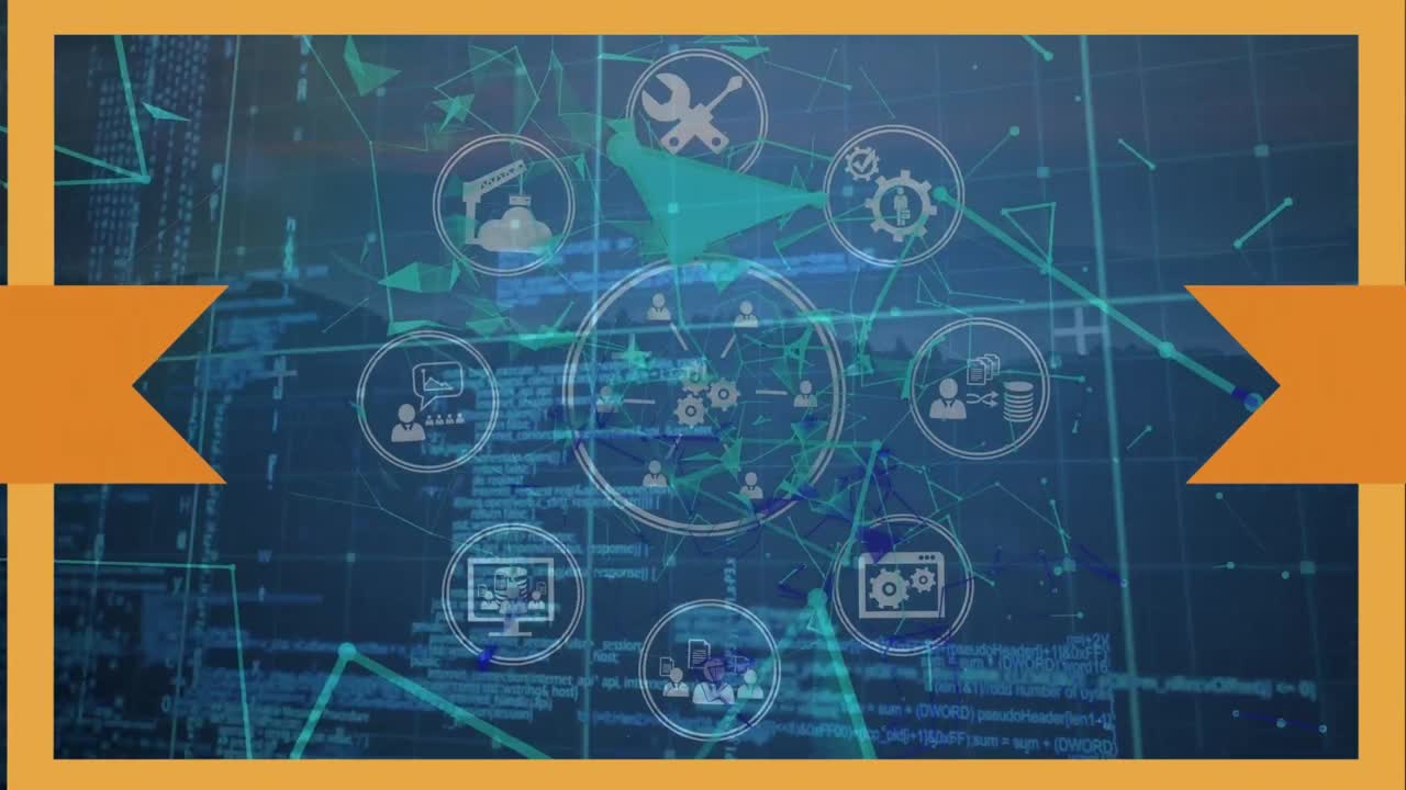 animación de marco naranja a través de la red de conexiones con iconos y procesamiento de datos