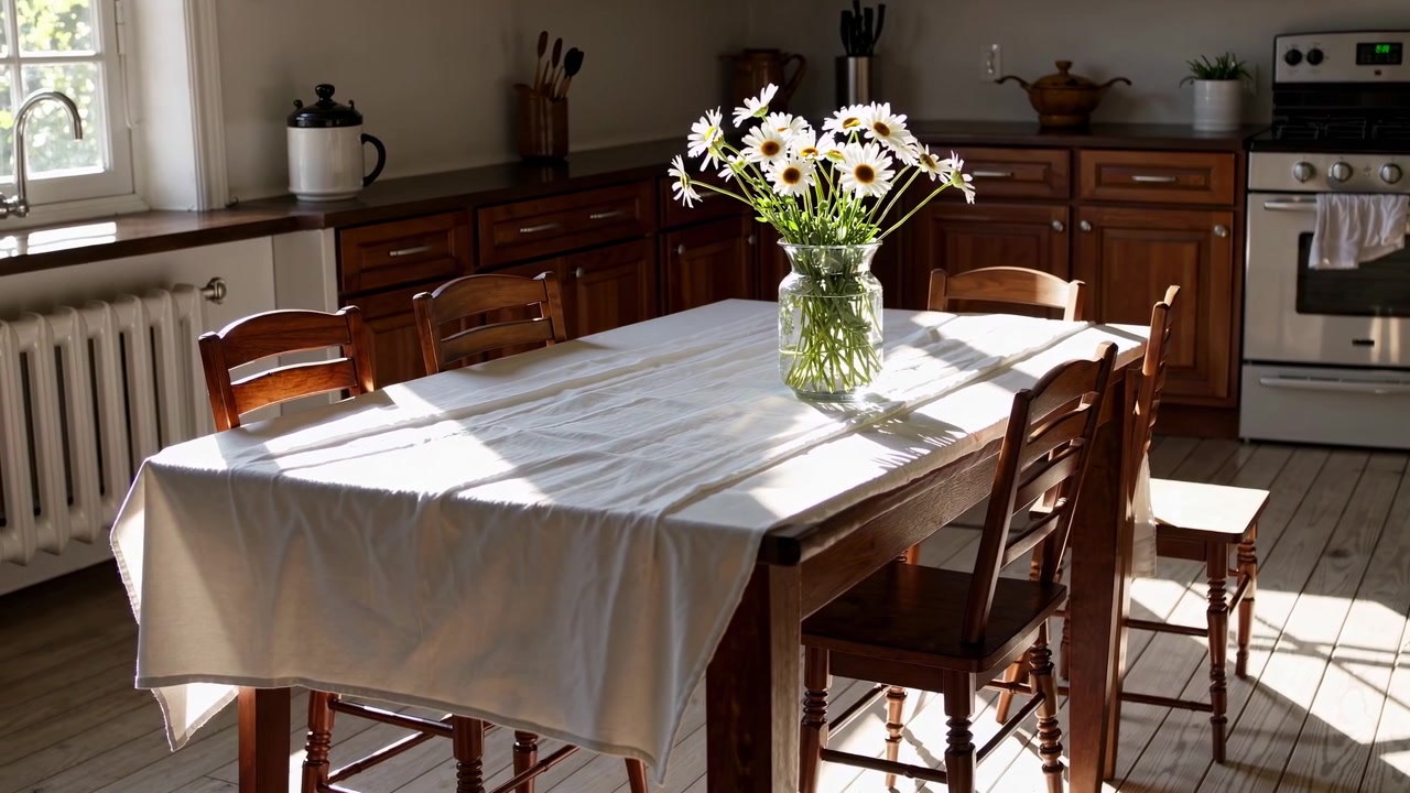 Luce solare che si riversa su un tavolo da pranzo con un vaso di margherite