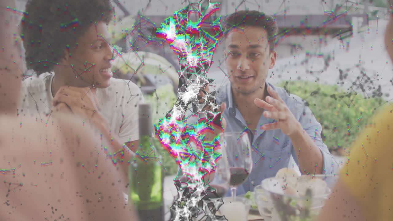 Light blue shirt speaker gesturing, sharing story causing glitch overlay pulsing across cafe scene