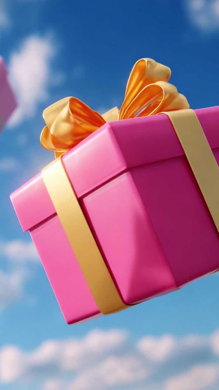 A vibrant pink gift box adorned with a golden ribbon floats against a bright blue sky dotted with fluffy clouds, symbolizing joy, celebration, and the excitement of unwrapping presents on special occasions