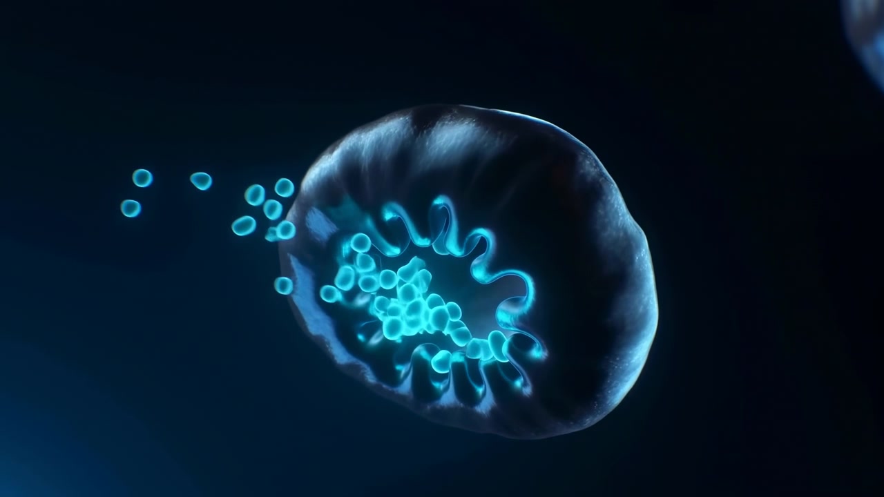 Glowing cyan forms stream outward from a transparent rounded membrane while its soft surface undulates in blue light, creating layered depth and gentle motion on black.
