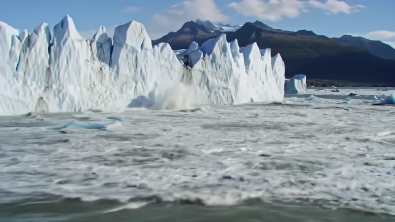 Majestic Icebergs Towering Over Choppy Waters Under a Clear Sky, Capturing the Splendor of Nature's Frozen Marvels in Serene Glacial Environments