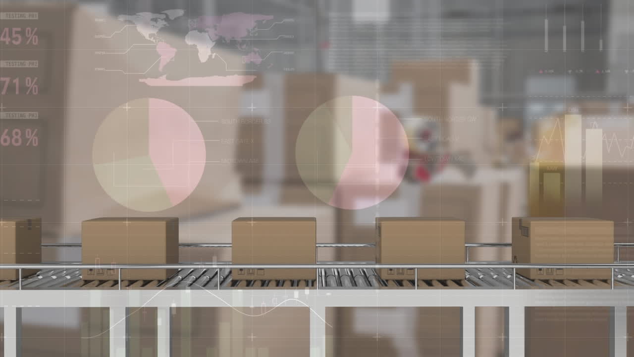 컨베이어 벨트에 있는 카드보드 상자 위에서 금융 데이터 처리의 애니메이션