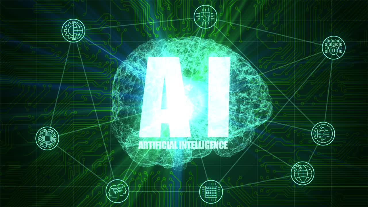 High quality VFX motion graphics animation depicting emerging technology in the Artificial Intelligence AI, with spinning particle brain, symbols and abstract plexus design, in teal color scheme