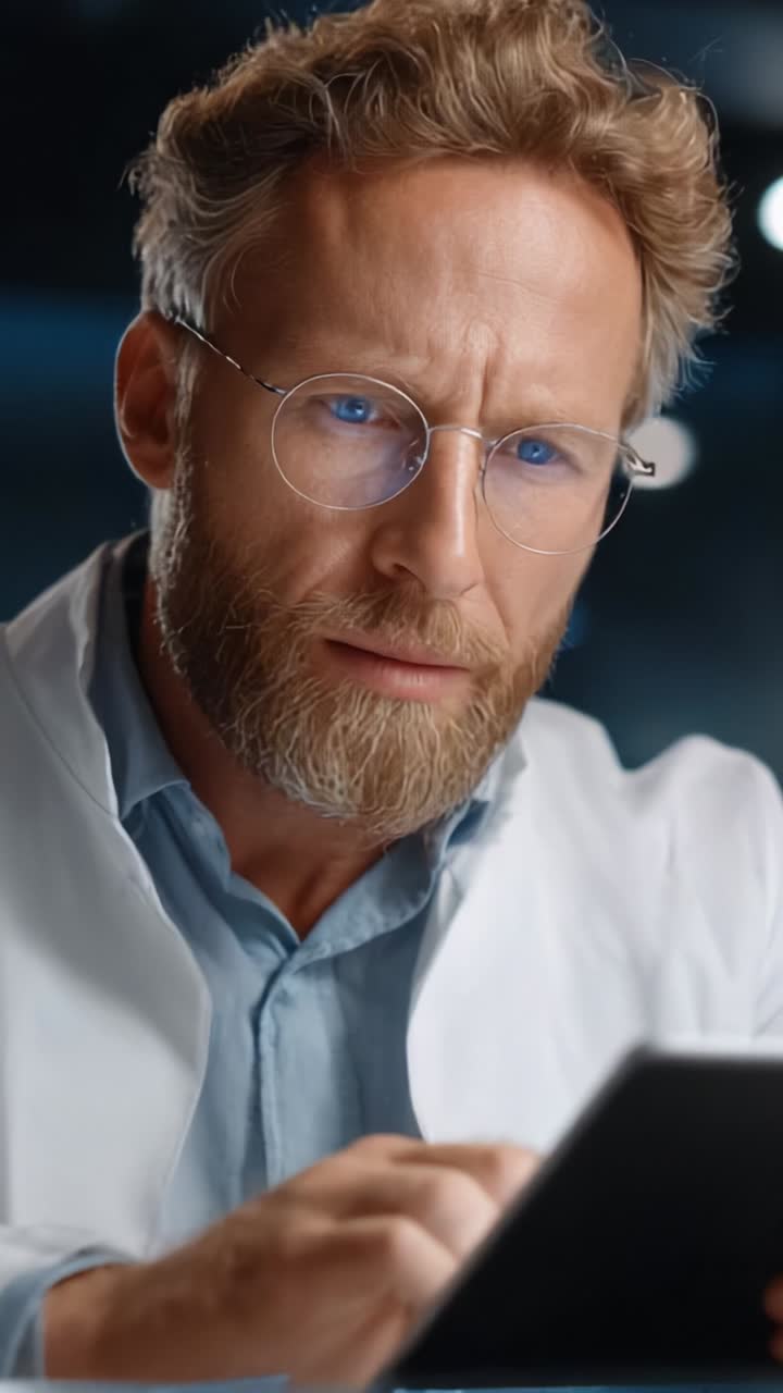 Fokusert forsker som analyserer data på en mobil enhet i en moderne laboratorieomgivelse, og viser konsentrasjon og nysgjerrighet i et vitenskapelig miljø