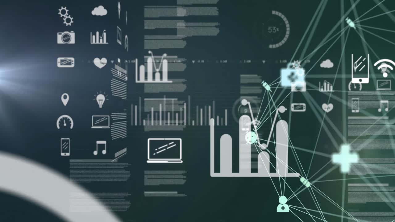 Globe of digital icons spinning against digital interface with data processing on grey background