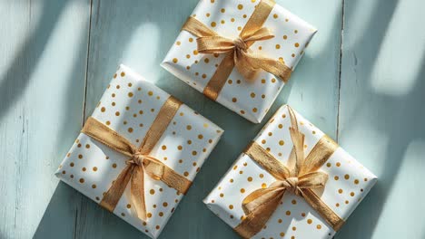 three gift boxes wrapped in white paper with gold polka dots and gold ribbons