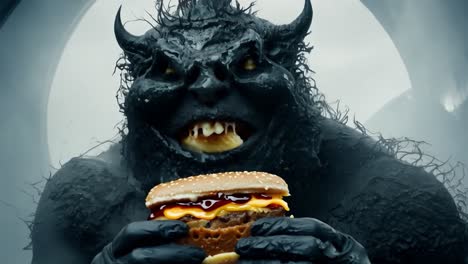 a demonic creature eats a cheeseburger