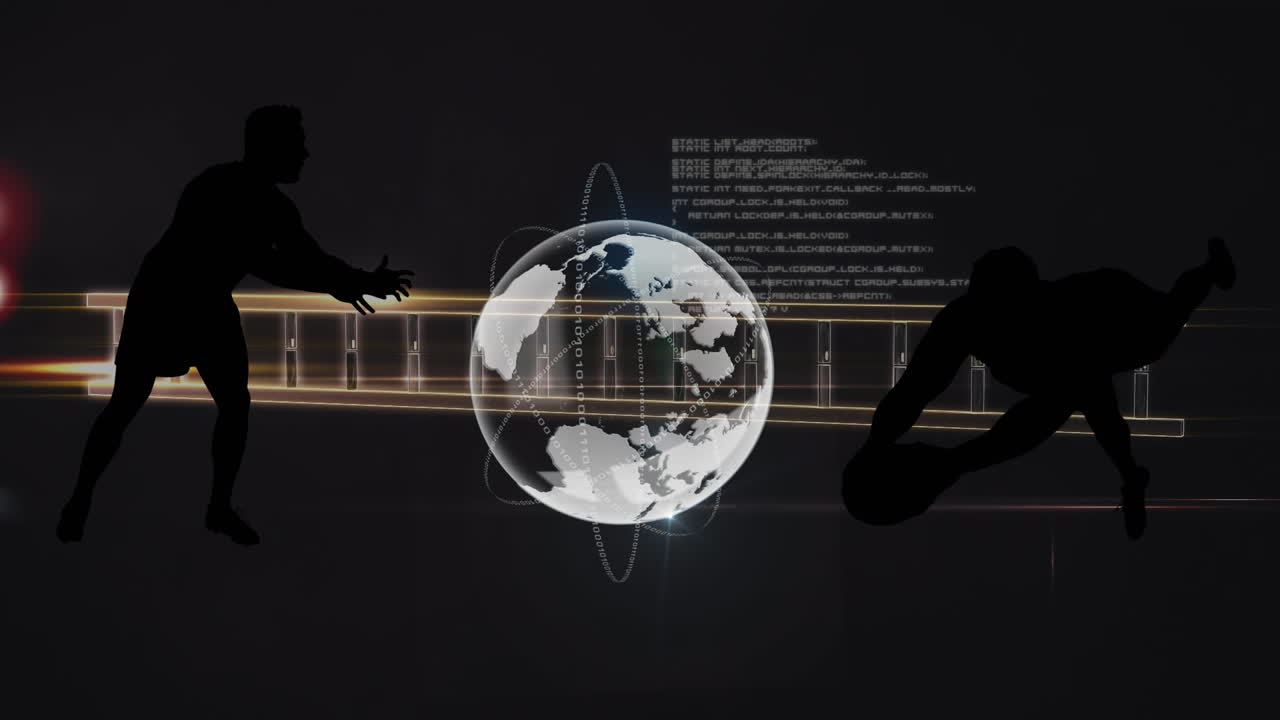 Animation of data processing with globe and rugby players over black background