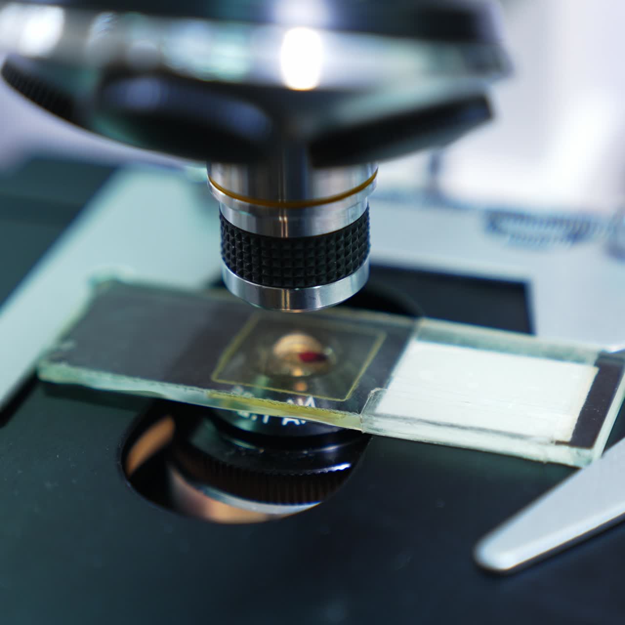 Sample of blood being examined under the microscope. Close up shot of a microscope in medical development laboratory