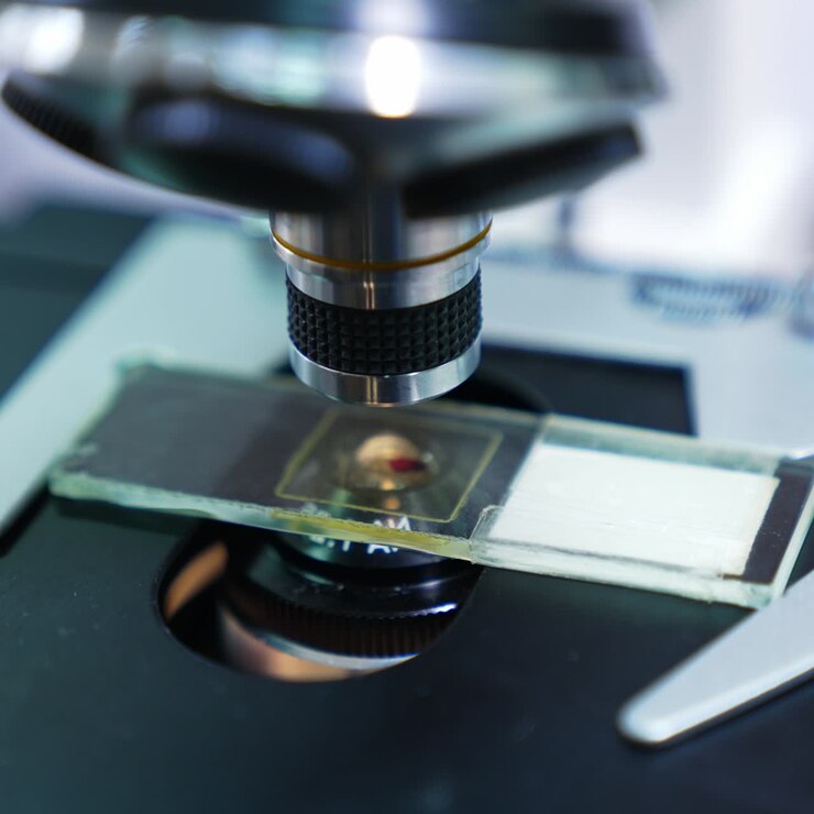 Sample of blood being examined under the microscope. Close up shot of a microscope in medical development laboratory