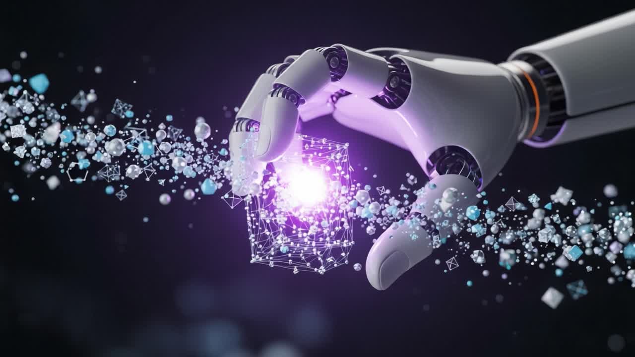 A Robotic Hand Manipulating a Glowing Cube of Data: Exploring the Intersection of Technology and Creativity with Dynamic Particles