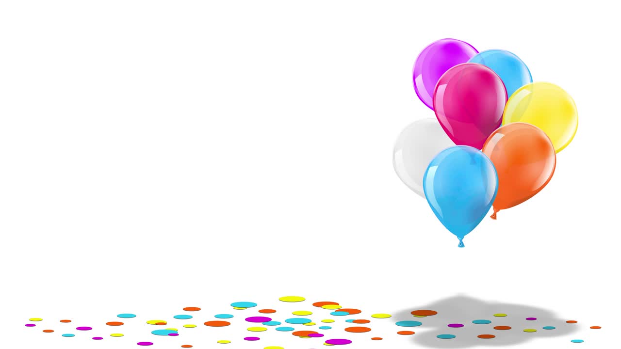 Un rendering in CGI di animazione 3D in loop continuo di vivaci palloncini da festa che si alzano con coriandoli sparsi sotto. Filmato video ideale per celebrazioni, compleanni, promozioni e sfondi.