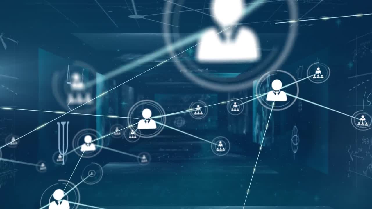 animación de la red de conexiones con iconos sobre diversos datos en pantallas móviles en espacio azul