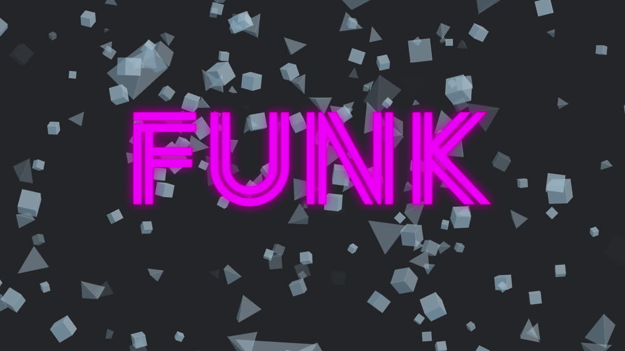 animación de texto funk sobre formas en fondo negro.