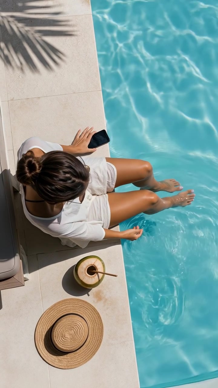 Overhead view of a woman relaxing by the swimming pool with a smartphone and coconut drink