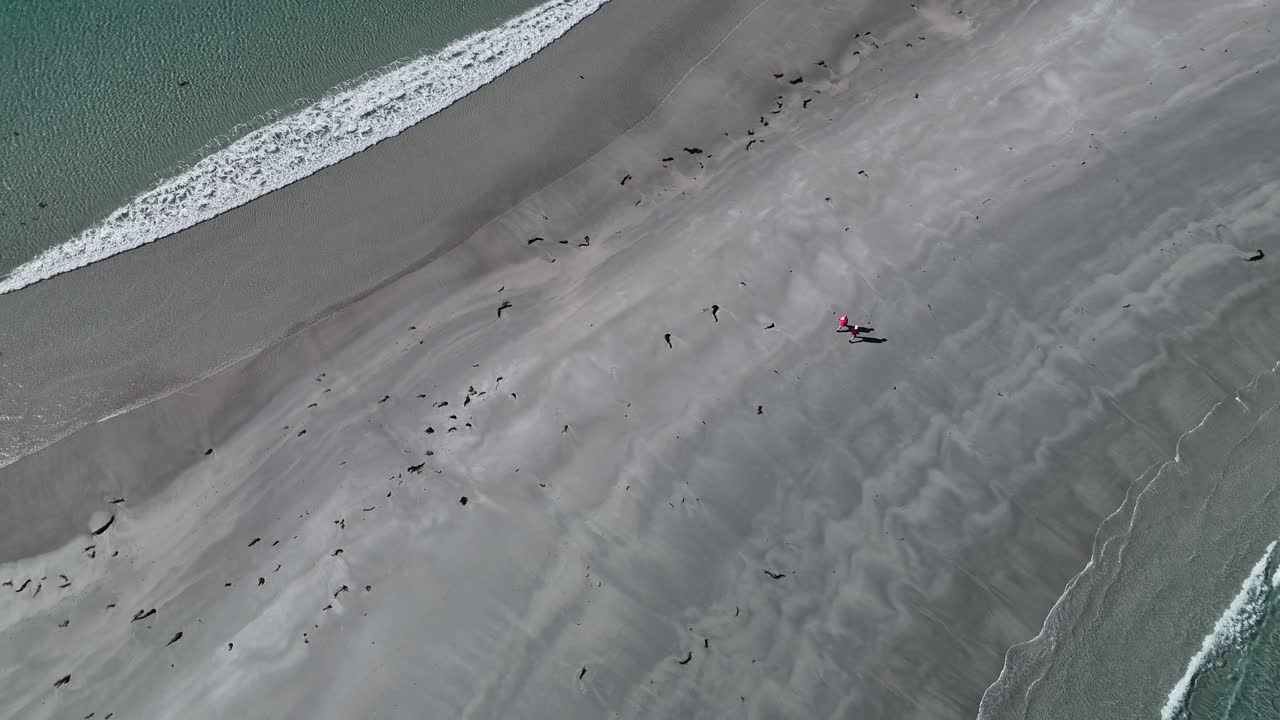 Tourists walking across sandbar of Diamond Island in Bicheno Tasmania, Australia aerial shot