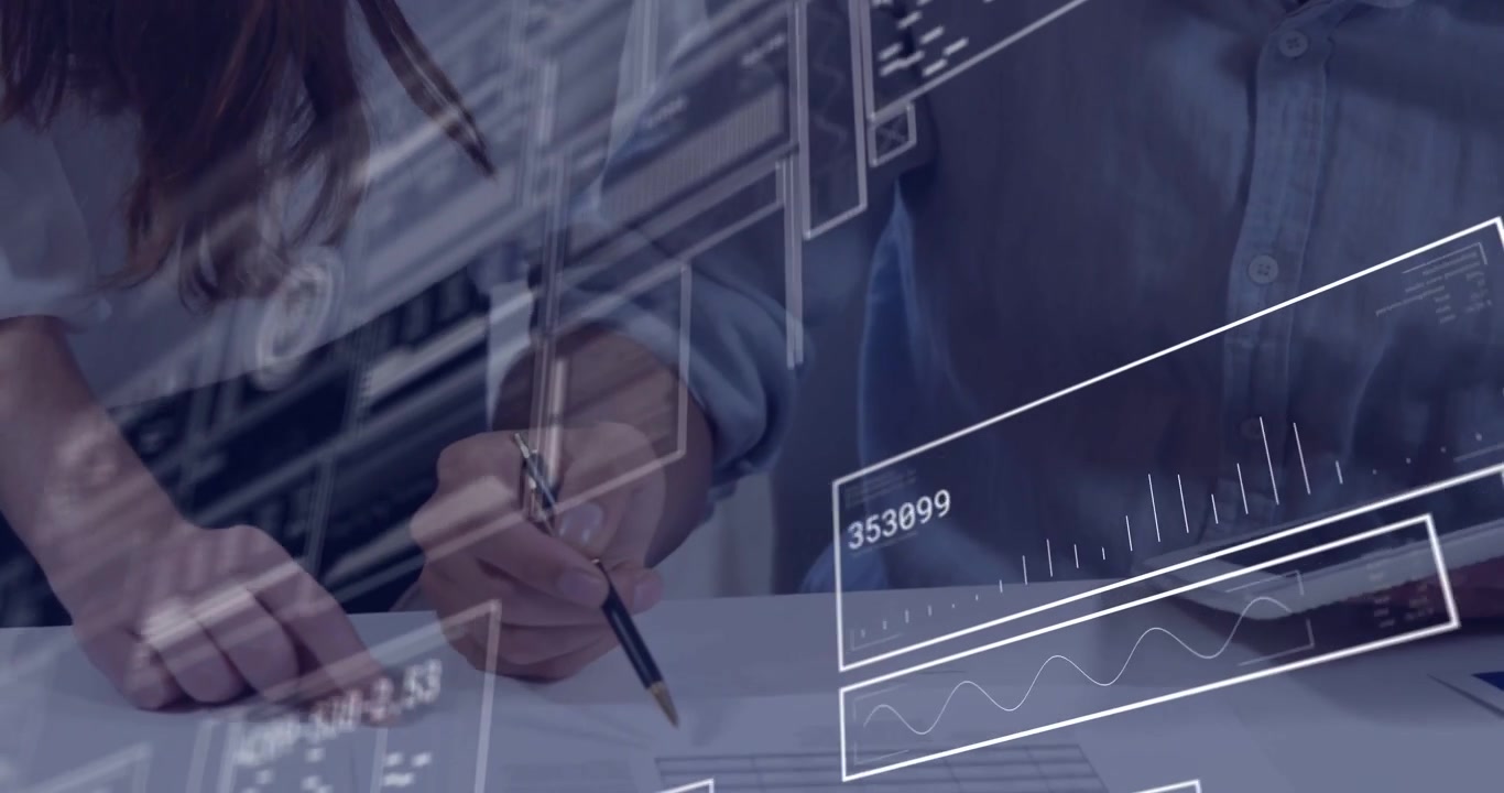 Woman pointing at document initiating HUD graphs while man with glasses writing paper for business