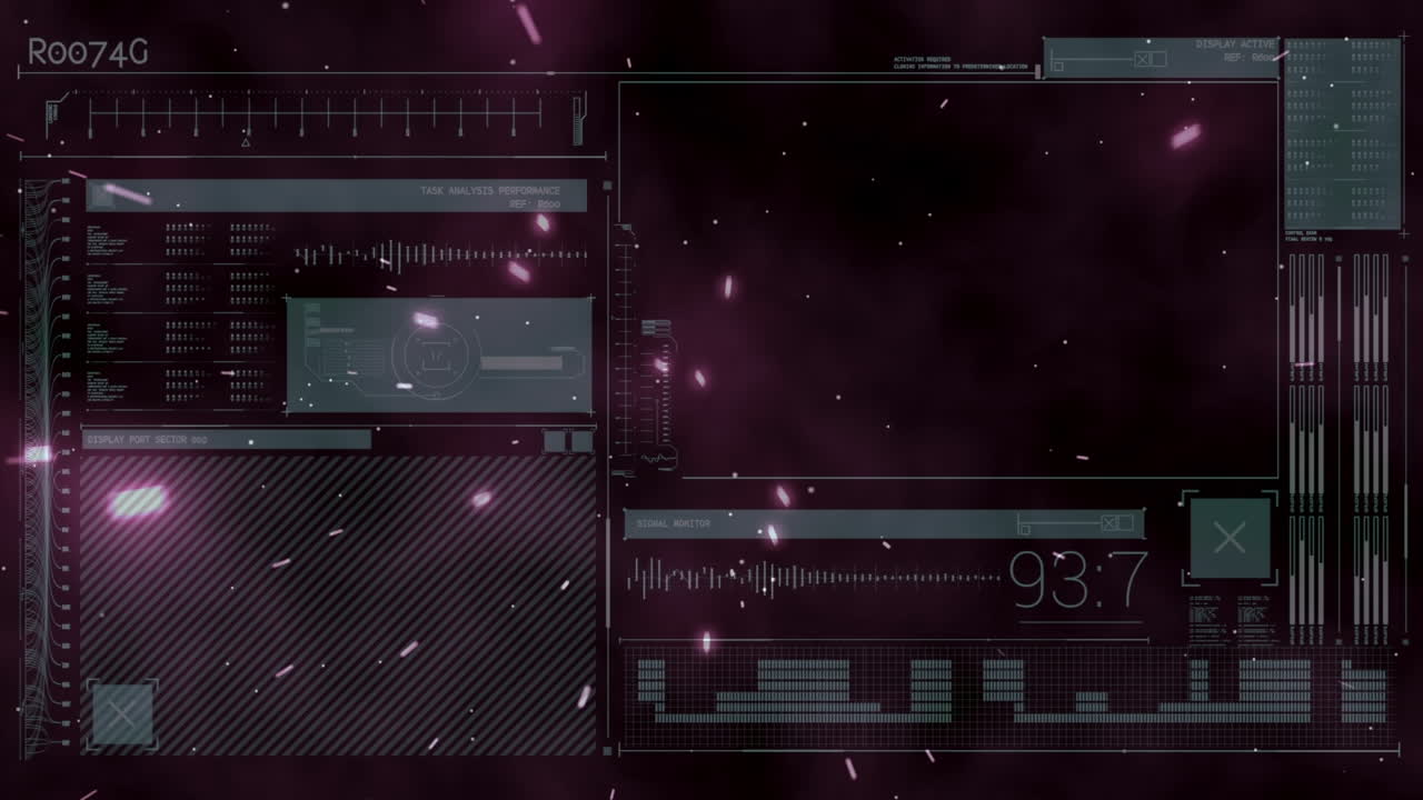 animación de luces que se mueven sobre una pantalla digital negra con datos diversos
