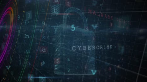 Animation of security padlock and data processing over navy background