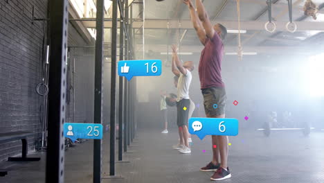 People exercising in gym with social media notifications animation overlay