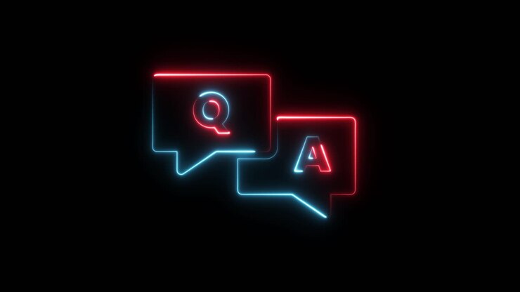 Animazione al neon dell'icona di domande e risposte isolata su sfondo nero