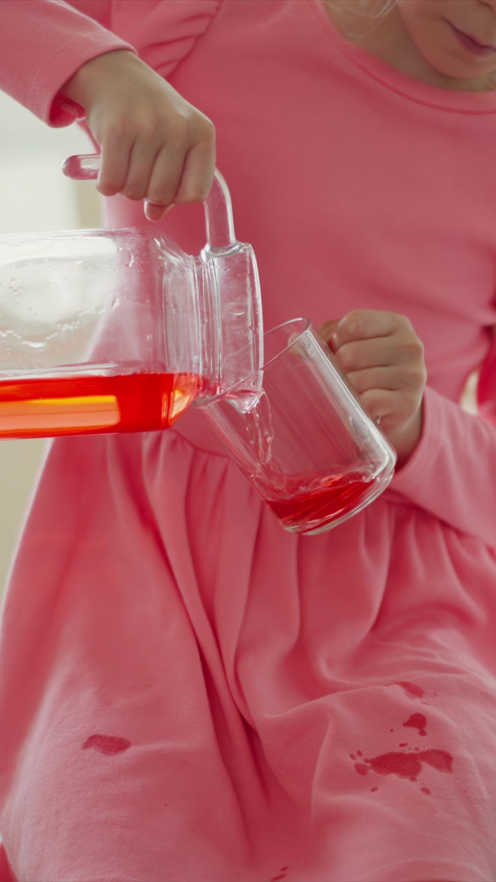 Una bambina con un vestito rosa versa un liquido rosso da una brocca di vetro in una tazza trasparente, con macchie visibili sui suoi vestiti. La scena si concentra sull'azione del versare e sull'interazione tra i soggetti.