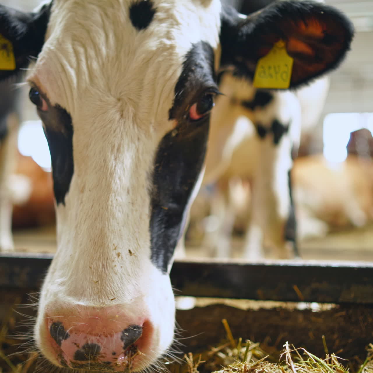 Cow's muzzle and nose close-up. Black and white head of the cow in the farm barn. Dairy cow indoors.