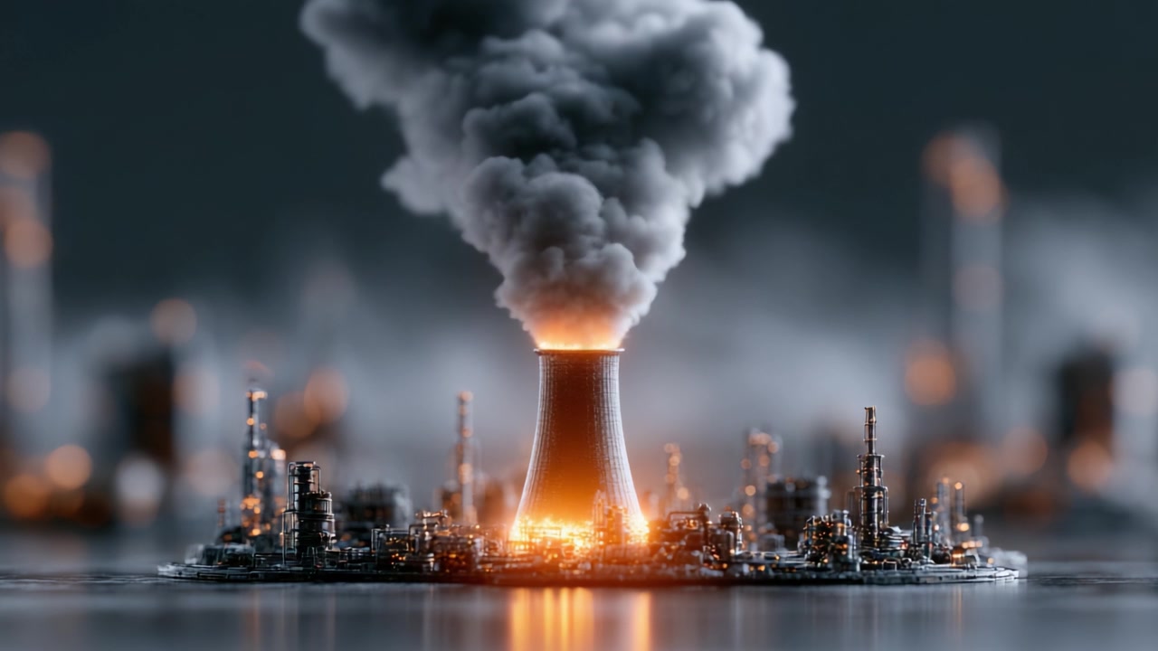 Una rappresentazione suggestiva di un paesaggio industriale con ciminiere fumanti e una torre, che mostra le sfide ambientali e le dinamiche di produzione energetica