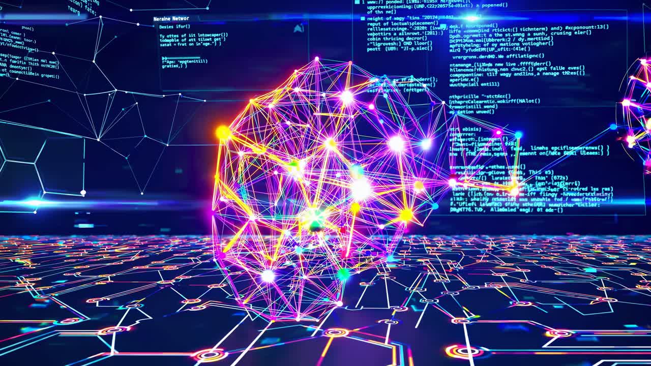 Futuristic video concept with a low-angle view of a digital brain, neon circuits, and code