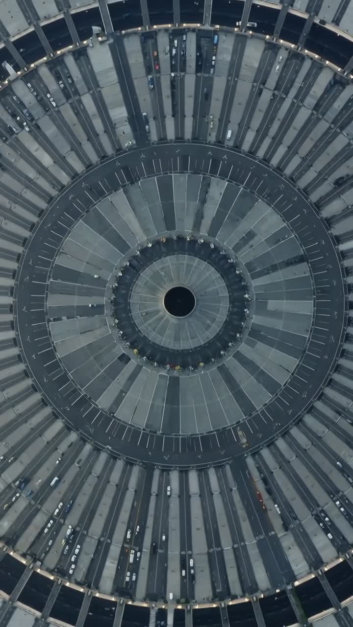 Telecamera aerea che inizia una lenta discesa, avvicinandosi e rivelando corsie concentriche e un vuoto centrale