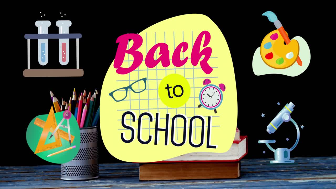 검은 바탕에 책, 식물 및 연필 위에 학교로 돌아가는 다채로운 텍스트의 애니메이션