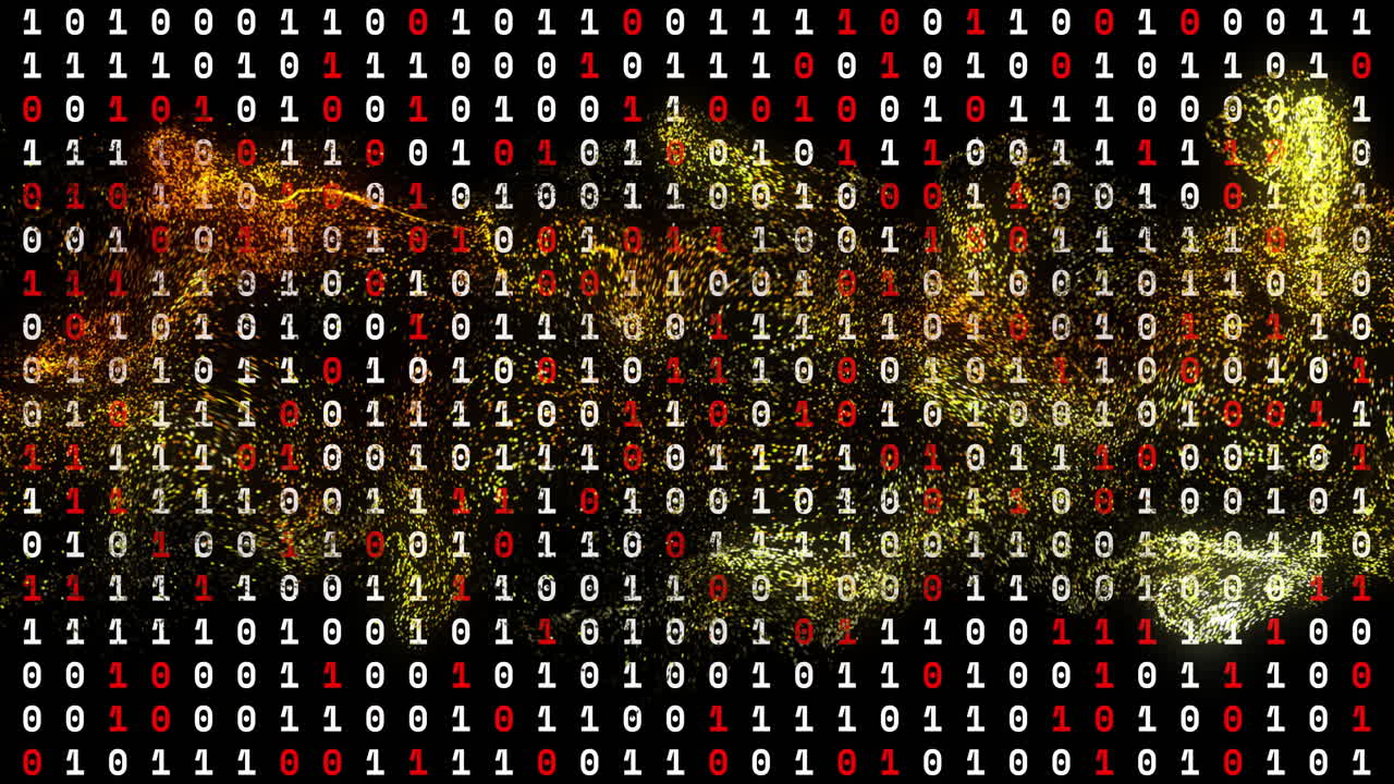 Binary digits streaming across dark data matrix, intertwining with swirling golden particle streams