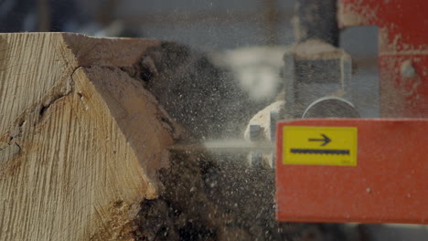 hoja de sierra industrial grande que termina un corte a través de un gran tronco de árbol en un primer plano de cámara lenta