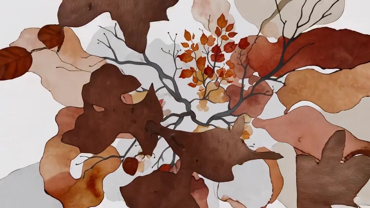 Pigmento extendiéndose formando un árbol estilizado sobre papel blanco, con capas de ramas grises y lavados de óxido ocre