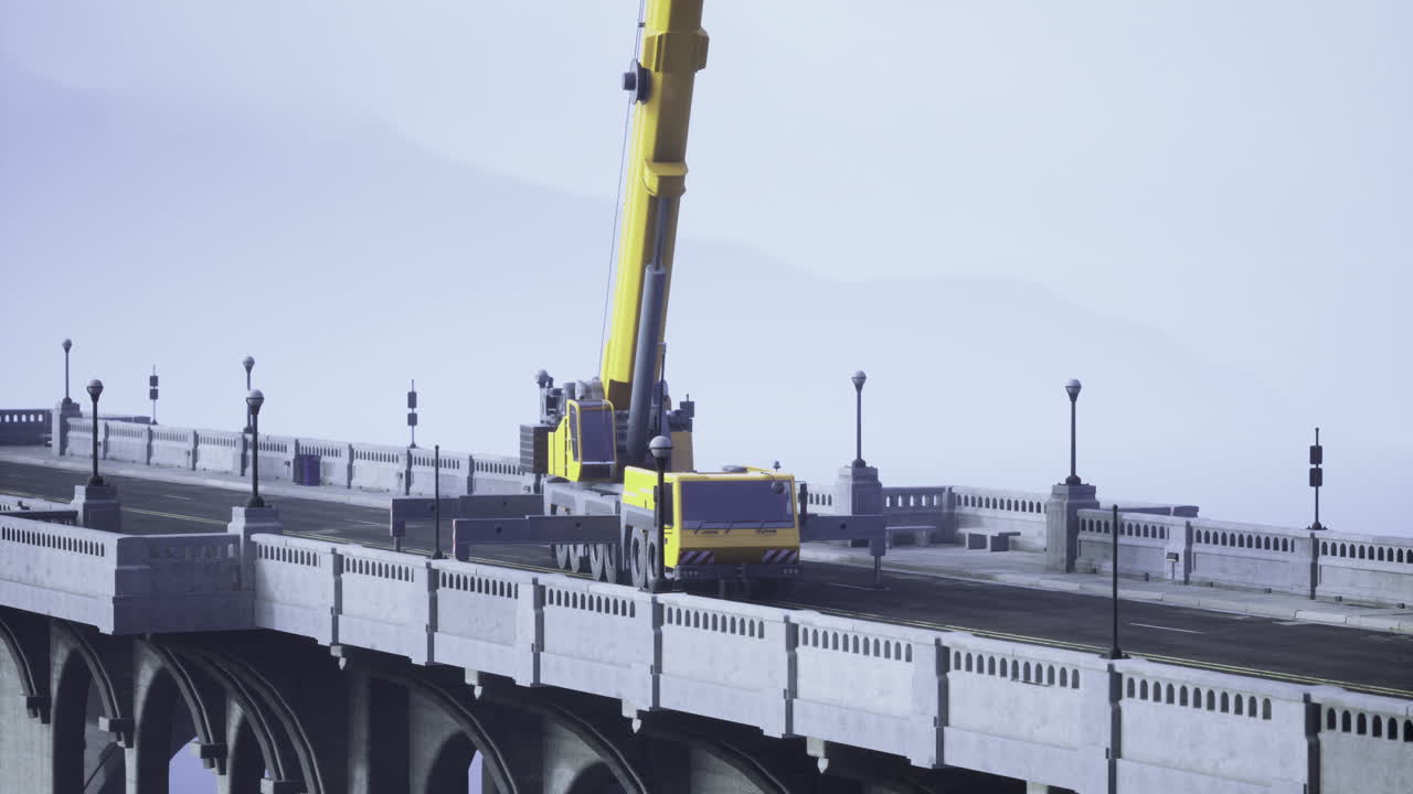 구름이 가득한 하늘 아래 다리 위에 크레인으로 건설 활동