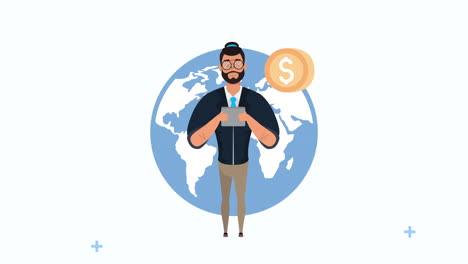 young businessman with world planet and coin