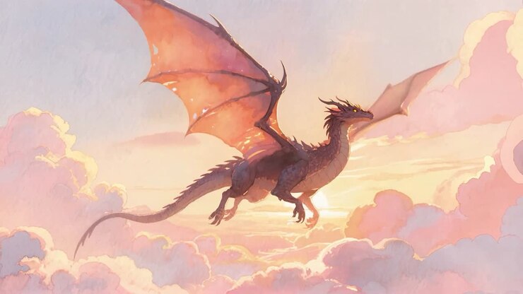 Dragon flying among clouds in watercolor