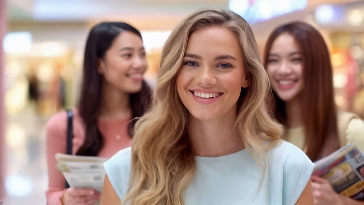 Women happily holding shopping paper bags and catalogue in a brightly lit shopping mall.