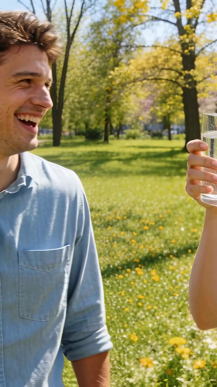Video verticale: Uomo in camicia blu e un amico che fanno tintinnare i bicchieri al parco, brindando insieme