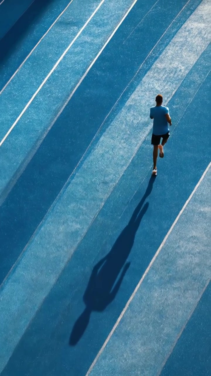 Uomo atletico che corre su pista blu in uno stadio
