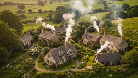 charming countryside village with cozy cottages surrounded by lush green fields and smoke pouring from chimneys in a serene landscape