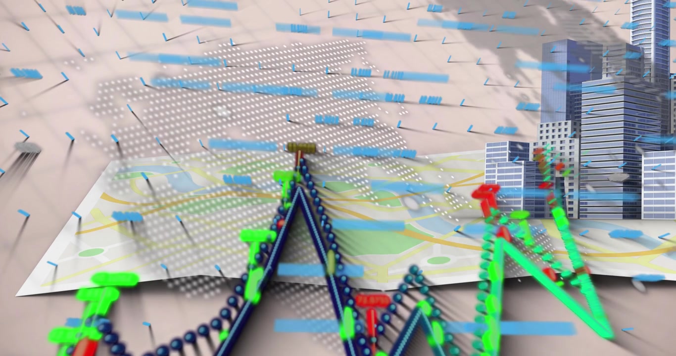 Animation von Datenverarbeitung, Finanzgrafiken, Karte und Wolkenkratzern auf beigem Hintergrund