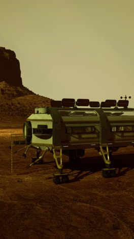 exploration vehicle on a distant planet with rugged terrain and mountains