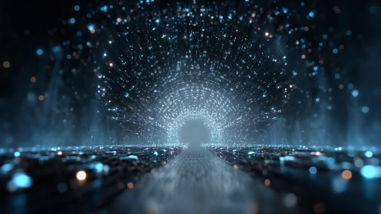 A mesmerizing digital tunnel illuminated by shimmering blue and white particles, leading into an infinite glowing space, creates a captivating visual journey through another dimension