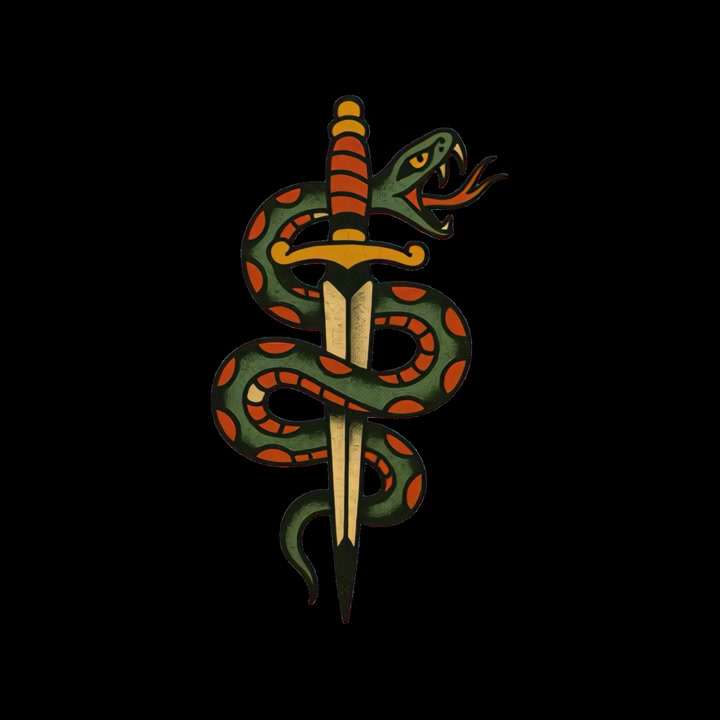 Illustrazione in stile tatuaggio tradizionale di un serpente avvolto attorno a un pugnale.